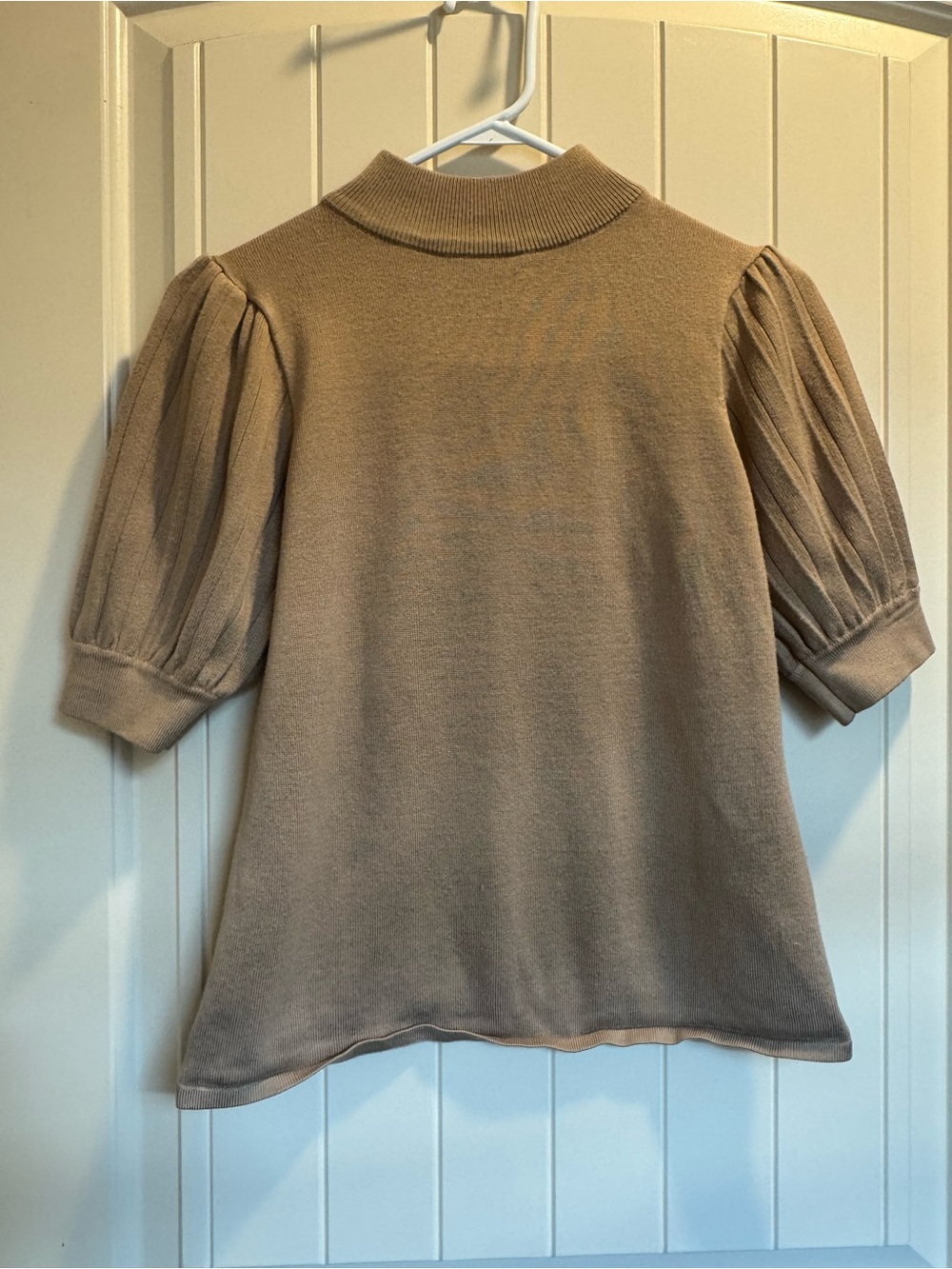 Tahari Beige Puff-Sleeve Mock Neck Sweater